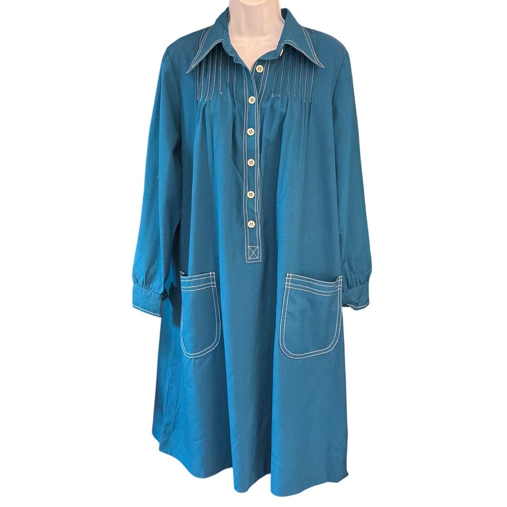 Vintage 70's S. Howard Hirsh Teal Midi Dress 70s Retro Mod Librarian Aesthetic